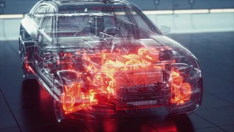Transparent car with engine in laboratory Stock Illustration