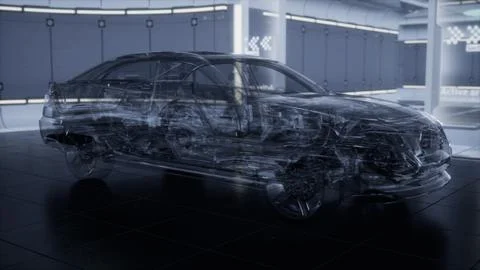 Transparent car with engine in laboratory Illustrazione stock