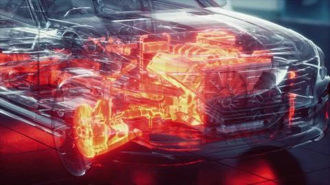Transparent car with engine in laboratory Stock Illustration