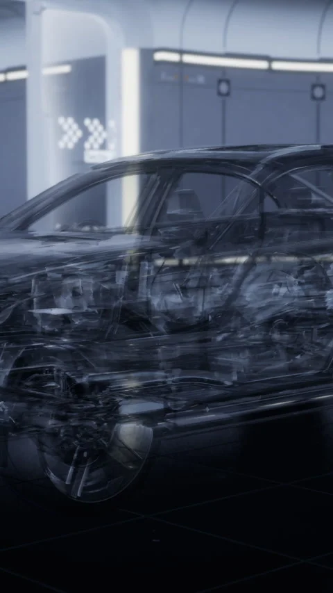 Transparent car showcasing innovative engineering in a futuristic garage Stock Footage 327775422