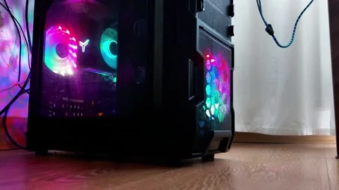 Transparent Case Desktop PC with LED Fan Lighting Stock Footage 324702566