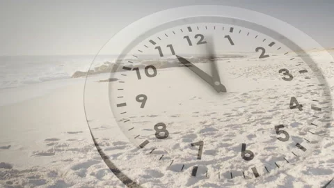 Transparent clock overlay appearing over sandy beach waves, hands rotating Stock Footage 314687427