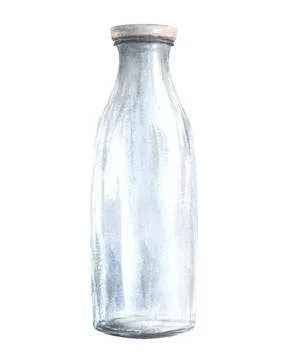 Transparent closed empty glass milk bottle Drink product design. Watercolor hand Stock Illustration