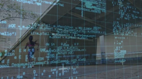 Transparent code overlay appearing over plaza guiding woman runner running Stock Footage 319682541