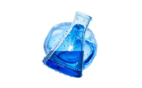 Transparent conical flask and water bubbles, 3d rendering. Stock Illustration