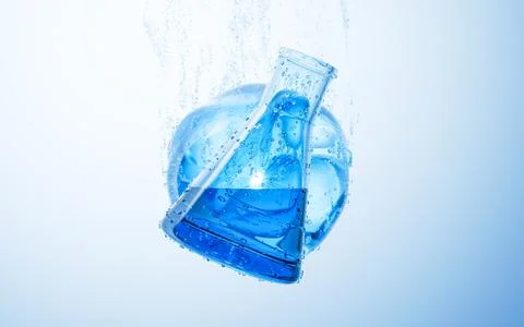 Transparent conical flask and water bubbles underwater, 3d rendering. Stock Illustration