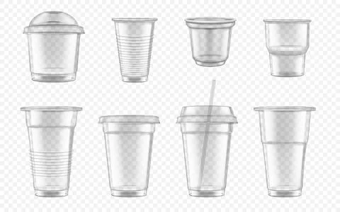 Transparent cup. Clear plastic mockup. Disposable coffee container. Empty soda Stock Illustration