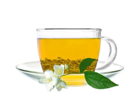 Transparent cup of green tea and jasmine flower isolated on white Stock Photos