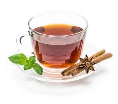 Transparent cup of tea and cinnamon steaks on white Stock Photos