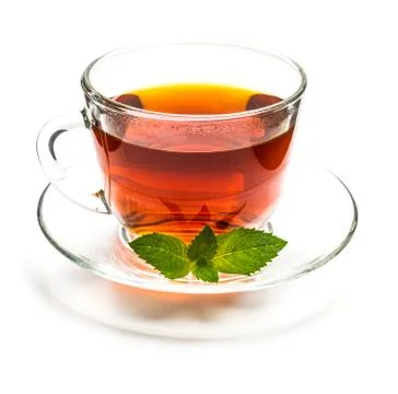 Transparent cup of tea and mint leaves on white Stock Photos