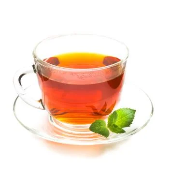 Transparent cup of tea and mint leaves on white Stock Photos
