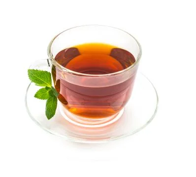Transparent cup of tea and mint leaves on white Stock Photos