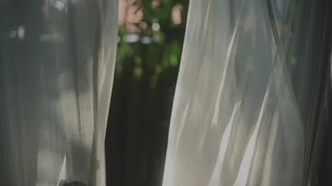 Transparent curtain on the window, gently moved by the wind. Stock Footage 248755224