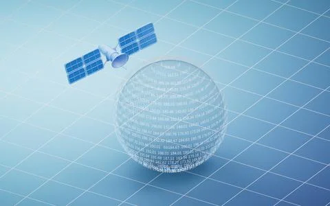 Transparent data sphere with satellite, 3d rendering. Illustrazione stock