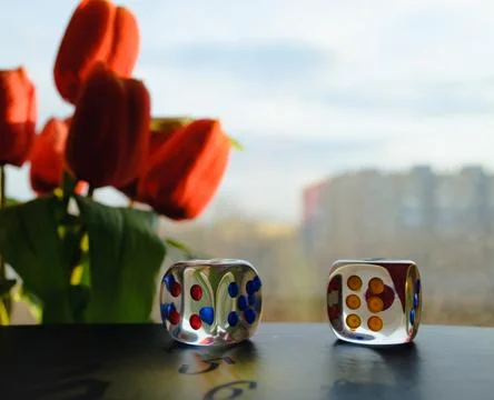 Transparent dice on the background of a window and a bouquet of red peonies Foto stock