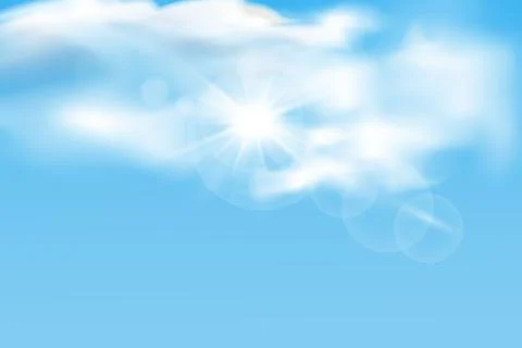 Transparent different clouds with sun. Spring, summer isolated on blue Stock Illustration