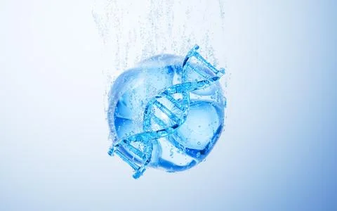 Transparent DNA and water bubbles underwater, 3d rendering. Stock Illustration