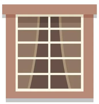 Transparent double metal plastic window with curtains in brown wall flat vector 스톡 일러스트