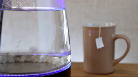 Transparent ecological electric kettle boiling in front of tea cup Stock Footage 171460110