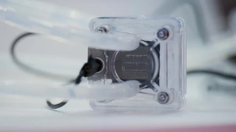 Transparent electrolysis device producing hydrogen bubbles inside laboratory Stock Footage 335311498