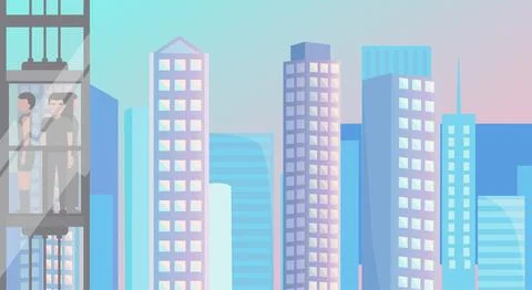 Transparent elevator with passengers inside on background of modern city with Stock Illustration