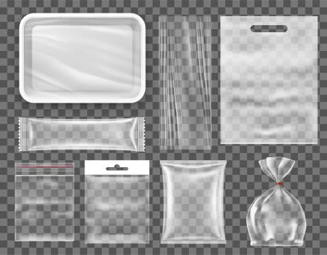Transparent empty plastic food packaging set, snack production mockup. Иллюстрация