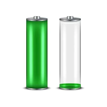 Transparent full and empty 3d battery realistic vector illustration showing.. Stock Illustration