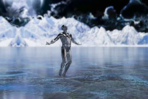 Transparent futuristic man floating over water Ilustração Stock