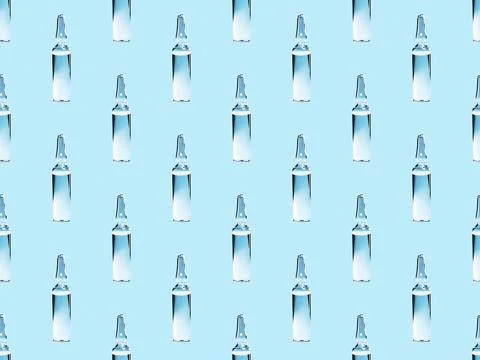 Transparent glass ampule seamless pattern. Vaccination concept. Neutral blue Фото