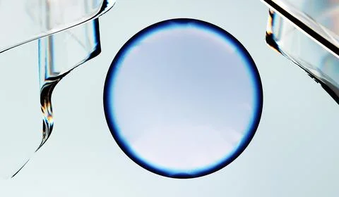 Transparent glass circle with blue edge refraction and abstract acrylic shapes. Stock Illustration