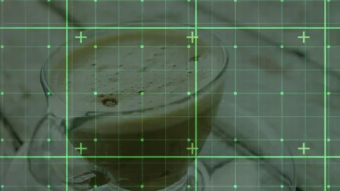 Transparent glass coffee cup being rendered in 3D with frothy beverage and green Stock Footage 307446078