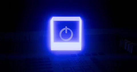 Transparent glass cube with an illuminated power-on icon Stock Footage 314252753