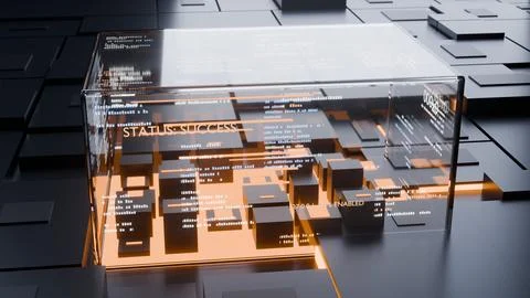 Transparent Glass Data Cube with Glowing Orange Status Display 스톡 일러스트