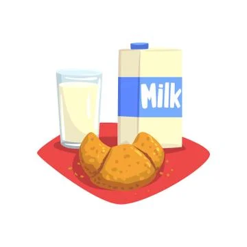 Transparent glass of fresh milk and sweet croissant on red table-napkin. Healthy Stock Illustration