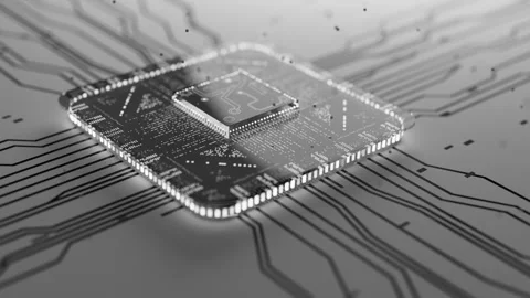 Transparent glass microprocessor on a modern motherboard loop Stock Footage 338985961