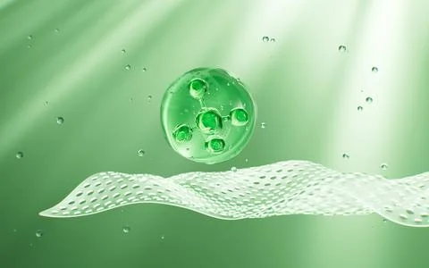 Transparent glass molecule and bubbles flying on the breathable mat, 3d ren.. Stock Photos