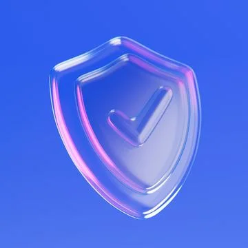 Transparent Glass Security Shield Icon with Iridescent Highlights. 3d Renderi Illustrazione stock