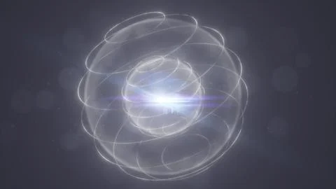 Transparent glass-like sphere with soft white orbit trails, particles, and .. Stock Illustration
