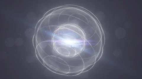 Transparent glass-like sphere with soft white orbit trails, particles, and .. Stock Illustration