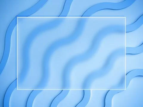 A transparent glass square border frame on blue wave, curved bold line. Templ Stock Photos