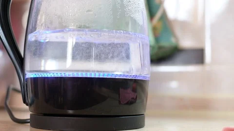 Transparent glass teapot with blue backlight boiled, close-up Stock Footage 88029039