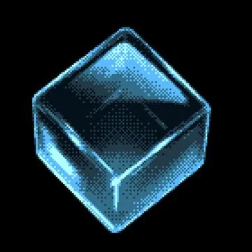 Transparent glossy crystal cube with light glare effect pixel art vector icon Stock-Illustration