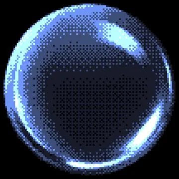Transparent glossy crystal sphere pixel art vector icon, retro 8bit blue glass Stock Illustration