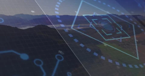 Transparent grid fading in activating rotating hexagon and nodes over mountains Stock Footage 311604382