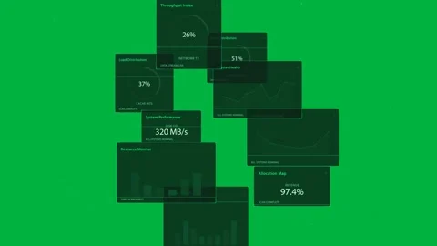 Transparent-grid network HUD animating panels, dotted path hitting large ring, Stock Footage 334118858