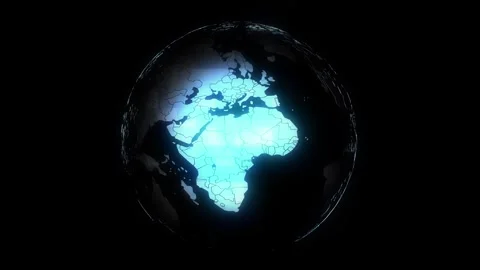 Transparent holographic world map rotates counterclockwise on a black background Stock Footage 249233154
