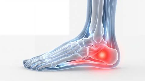 Transparent human foot showing bones and glowing red pain in heel on white .. Stock Illustration