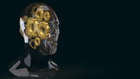 Transparent Human Head With Gears On Dark Background 3d Render. Stockillustratie