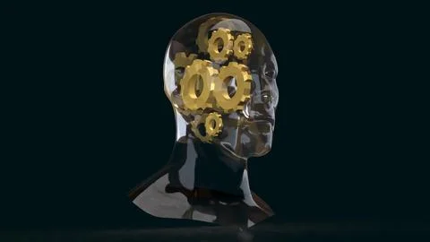 Transparent Human Head With Gears On Dark Background 3d Render. 库存插图