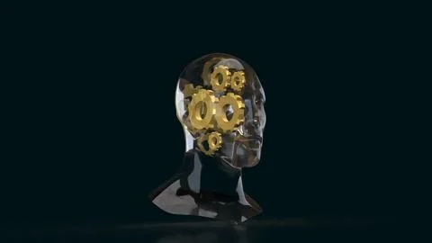 Transparent Human Head With Gears On Dark Background 3d Render. Stock Illustration